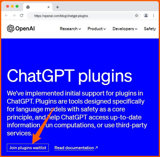 chatgpt plugins waitlist screenshot from openai